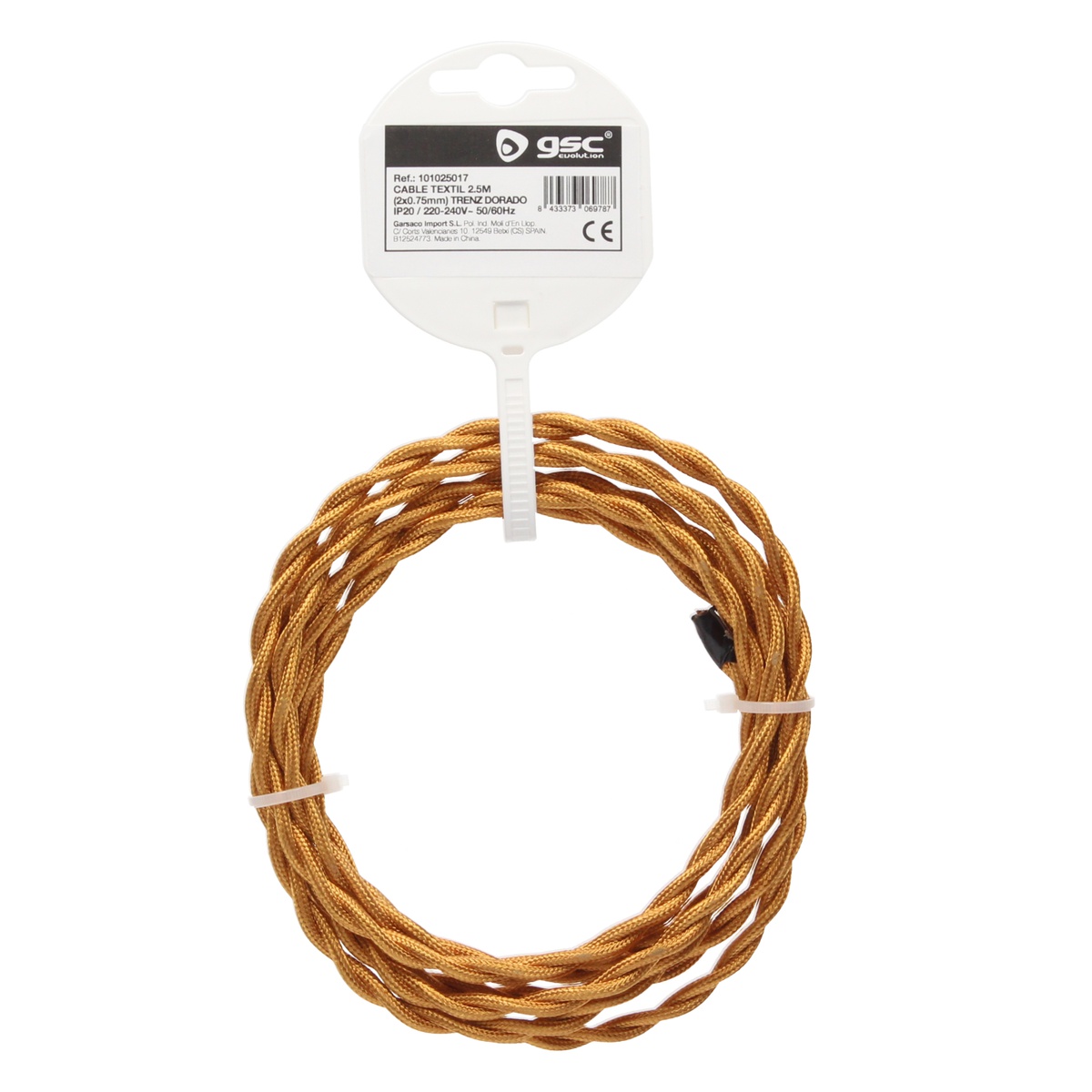 Cable textil 2,5M (2x0.75mm) trenzado Dorado