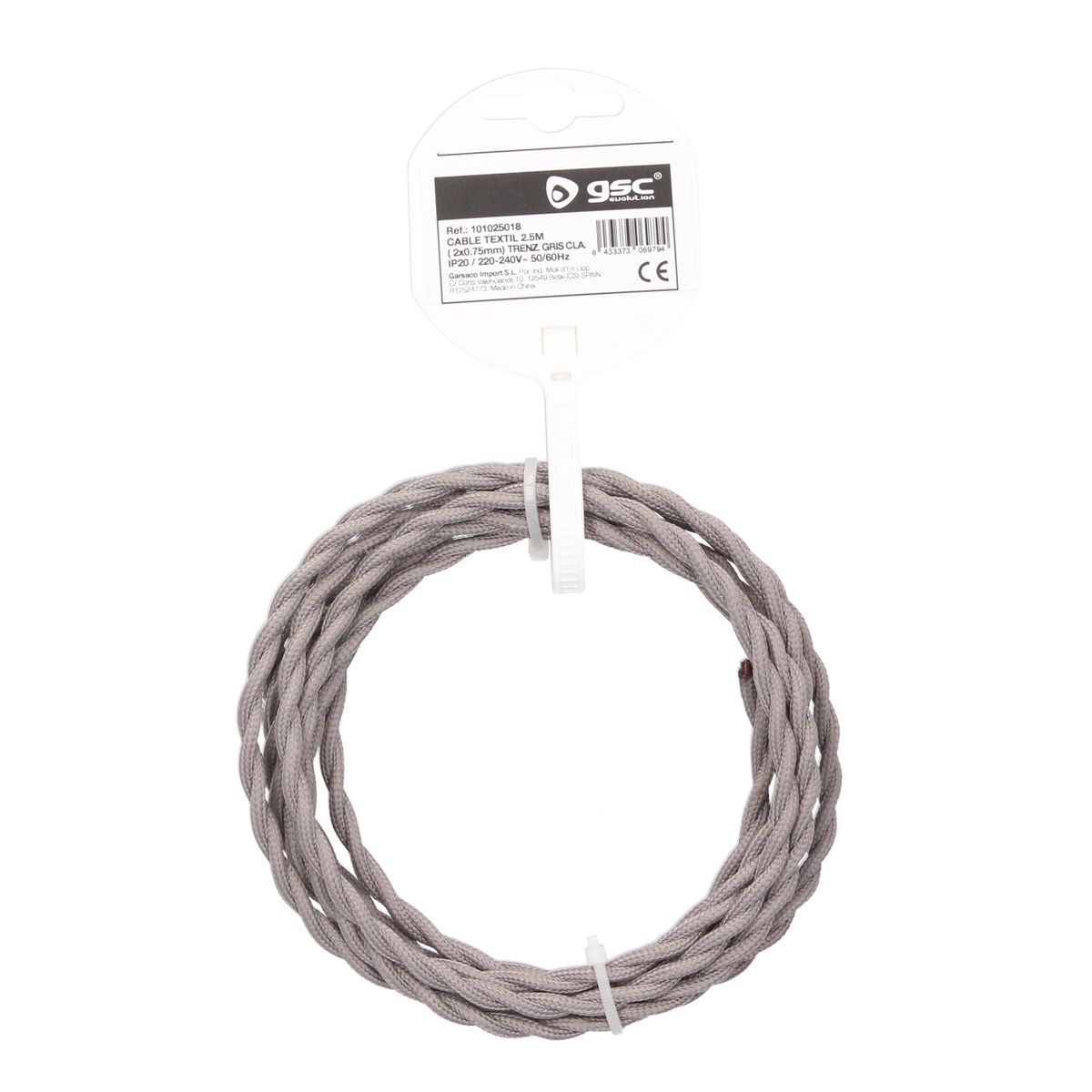 Cable textil 2,5M (2x0.75mm) trenzado Gris claro