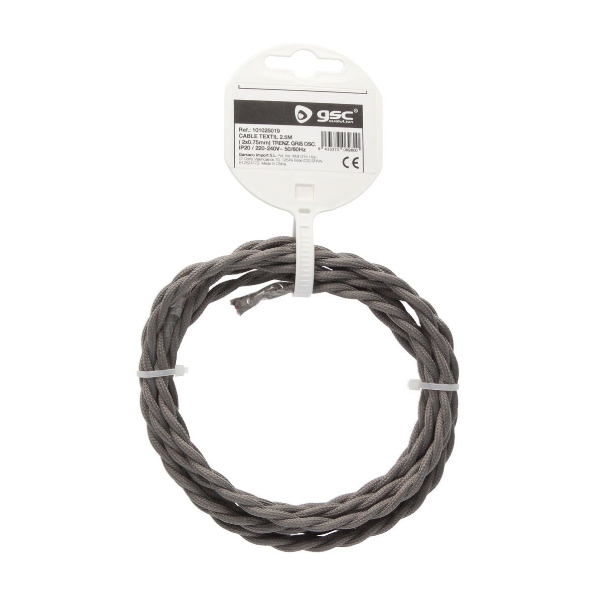 Cable textil 2,5M (2x0.75mm) trenzado Gris oscuro