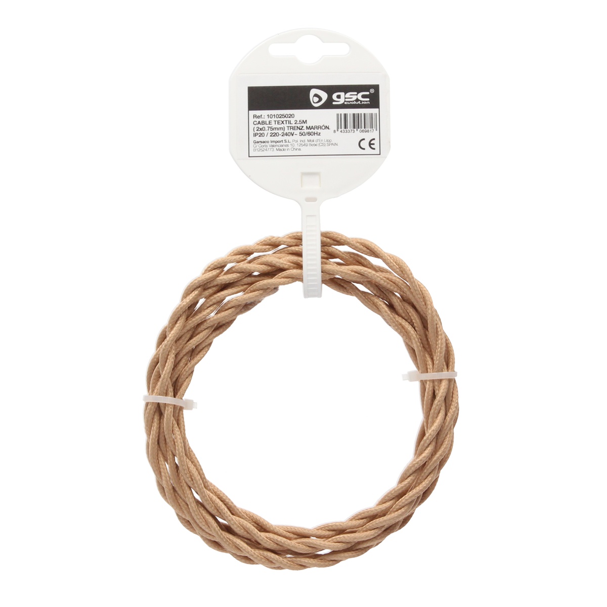 Cable textil 2,5M (2x0.75mm) trenzado Marrón claro