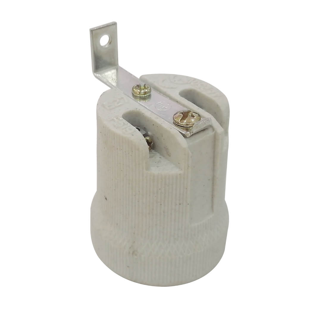 Reinforced E27 ceramic lamp holder with 90º hook White