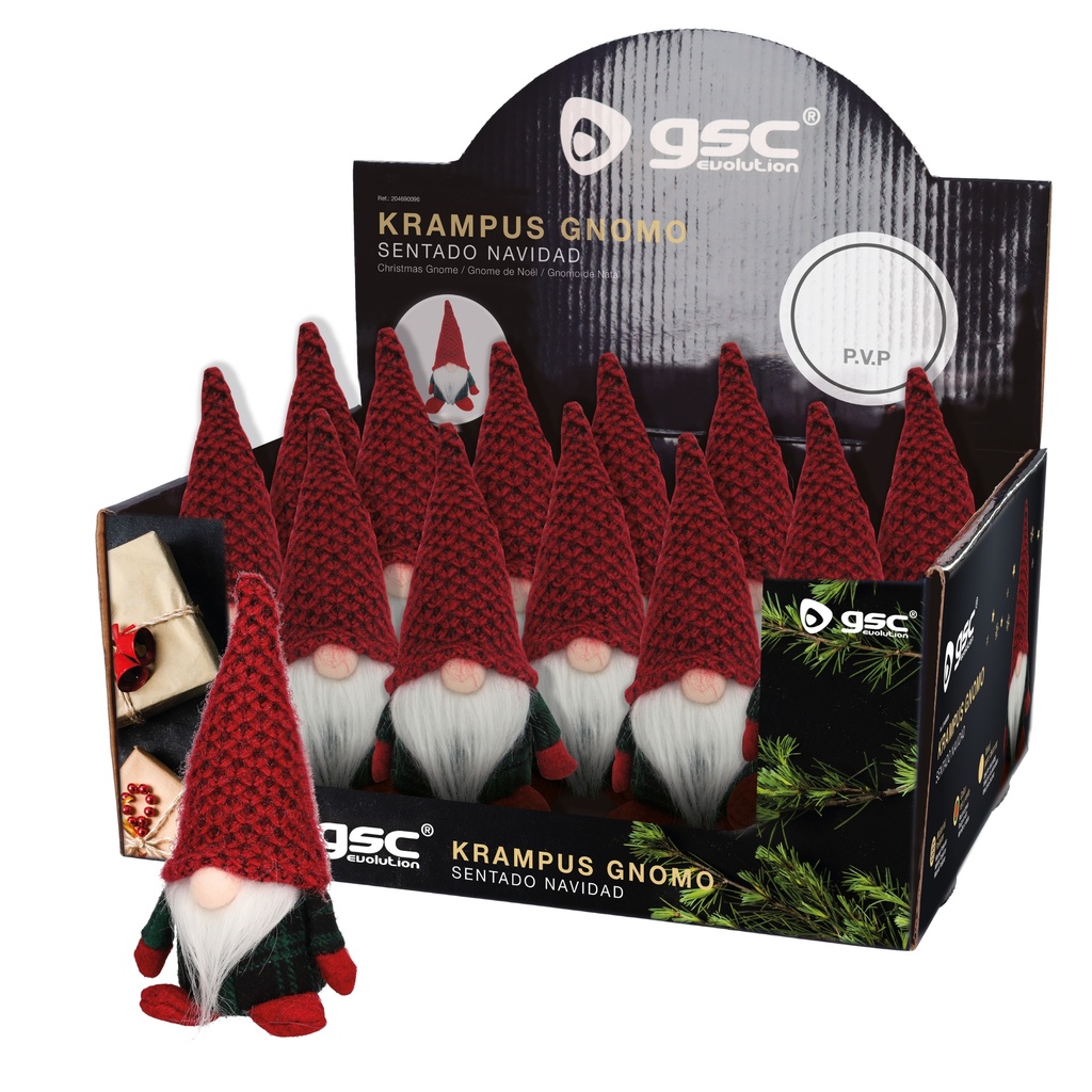 Gnomo de navidad sentado Krampus 17cm Rojo y verde - 12u caja exp