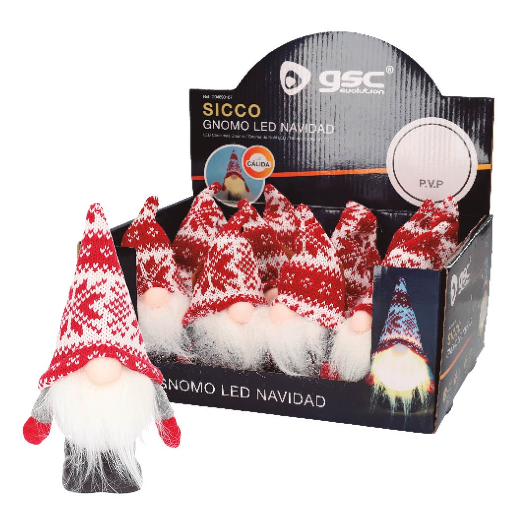 Gnomo de Natal LED de pé Sicco 16 cm 2 x LR44 Vermelho e Branco – 12 un. caixa exp