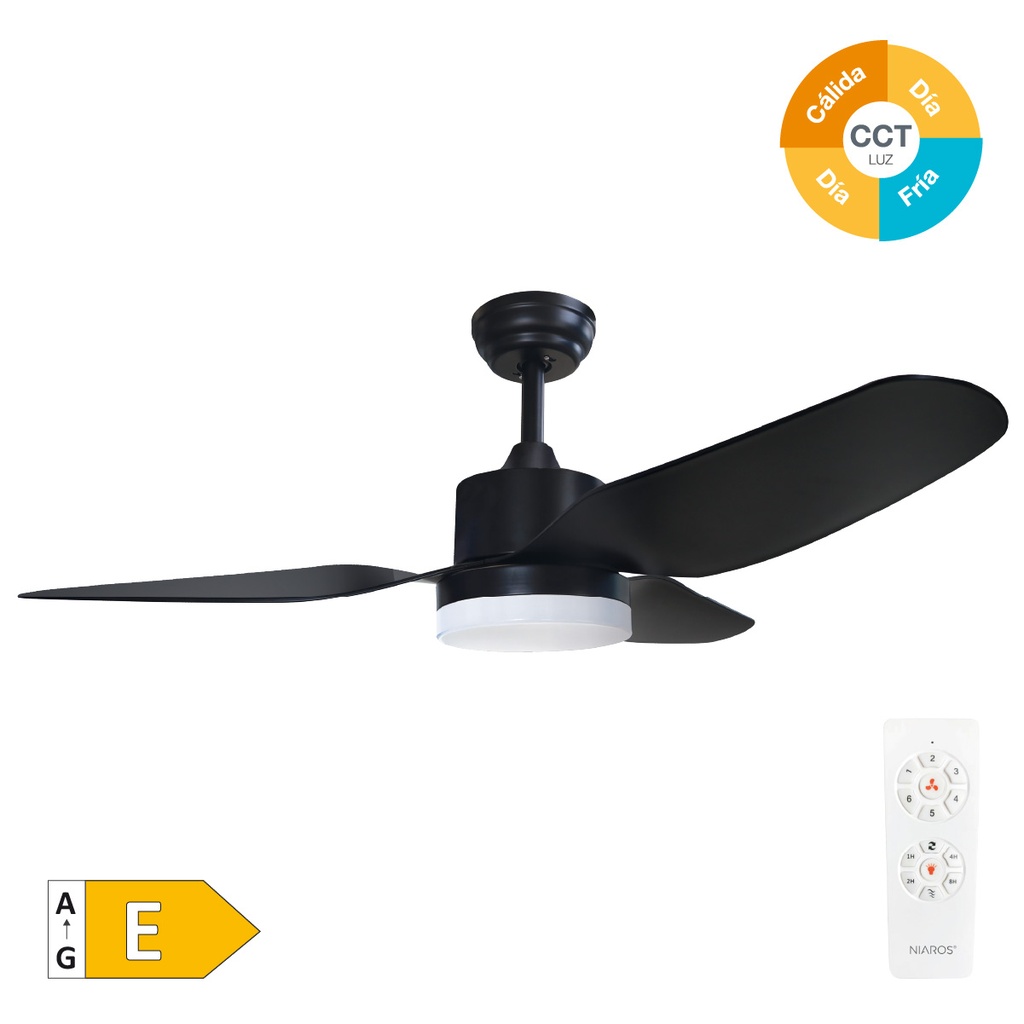 Ventilador techo Bumera con luz CCT regulable y mando Ø116 3 aspas Negro