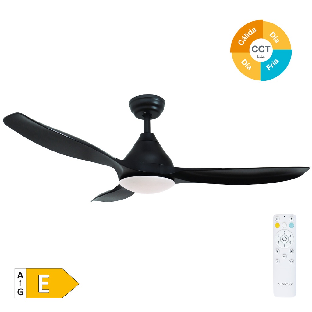 Ventilador techo Luma con luz CCT regulable y mando Ø117 3 aspas DC Negro