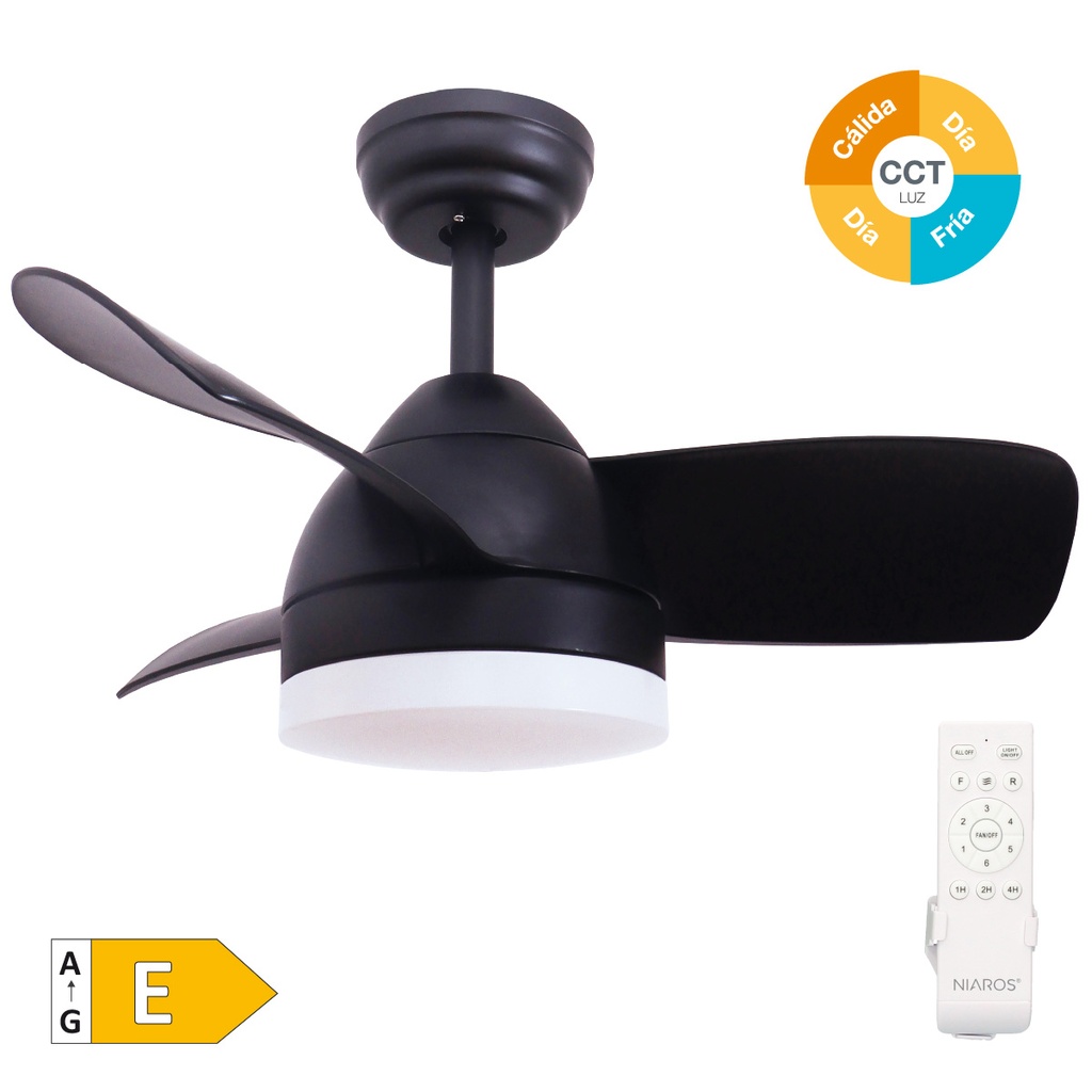 Ventilador techo Namuno con luz CCT regulable y mando Ø71 3 aspas DC Negro