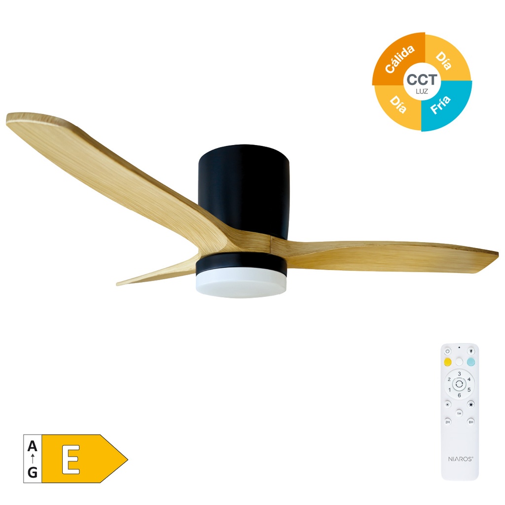 Ventilador de teto Matipa com luz CCT regulável e controlo remoto Ø106 3 pás DC Preto