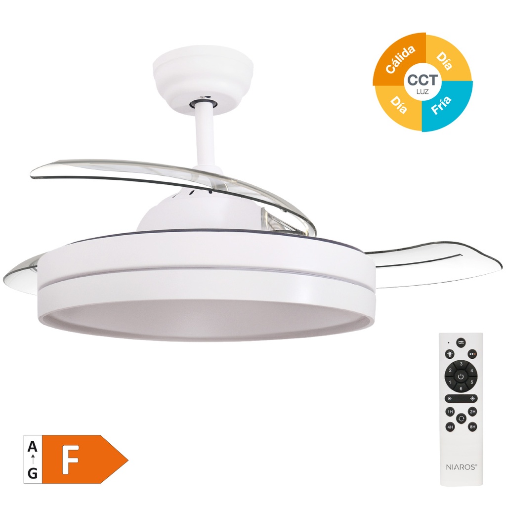 Lugela 42' DC ceiling fan with remote control CCT 3 retractable blades transparent White