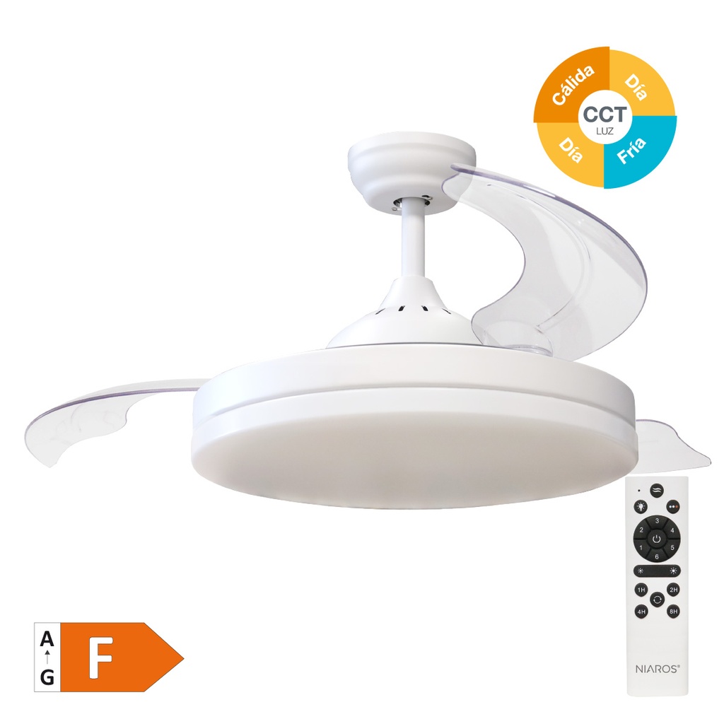 Ventilador techo Tungati con luz CCT regulable y mando Ø107 3 aspas retráctiles DC Blanco