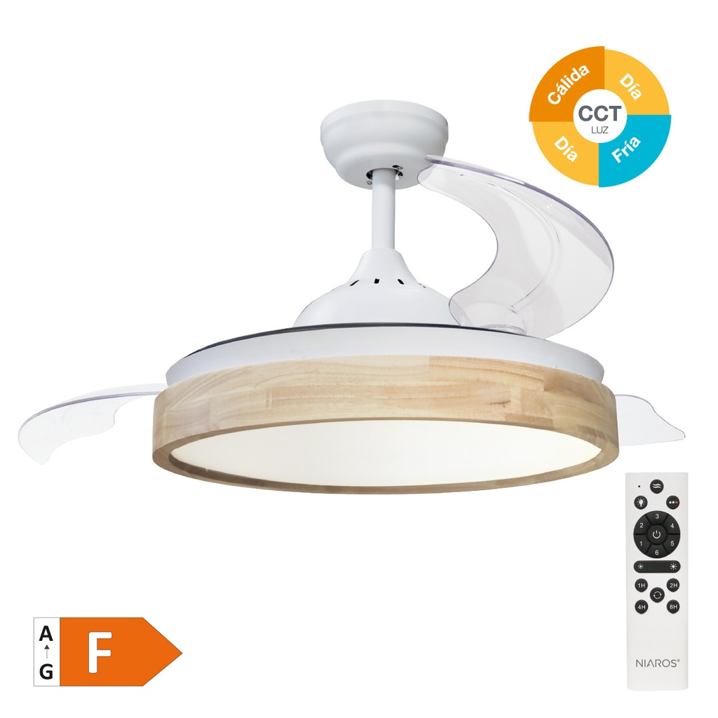 Ventilador de teto Ranta com luz CCT regulável e controlo remoto Ø107 3 pás retráteis DC Branco