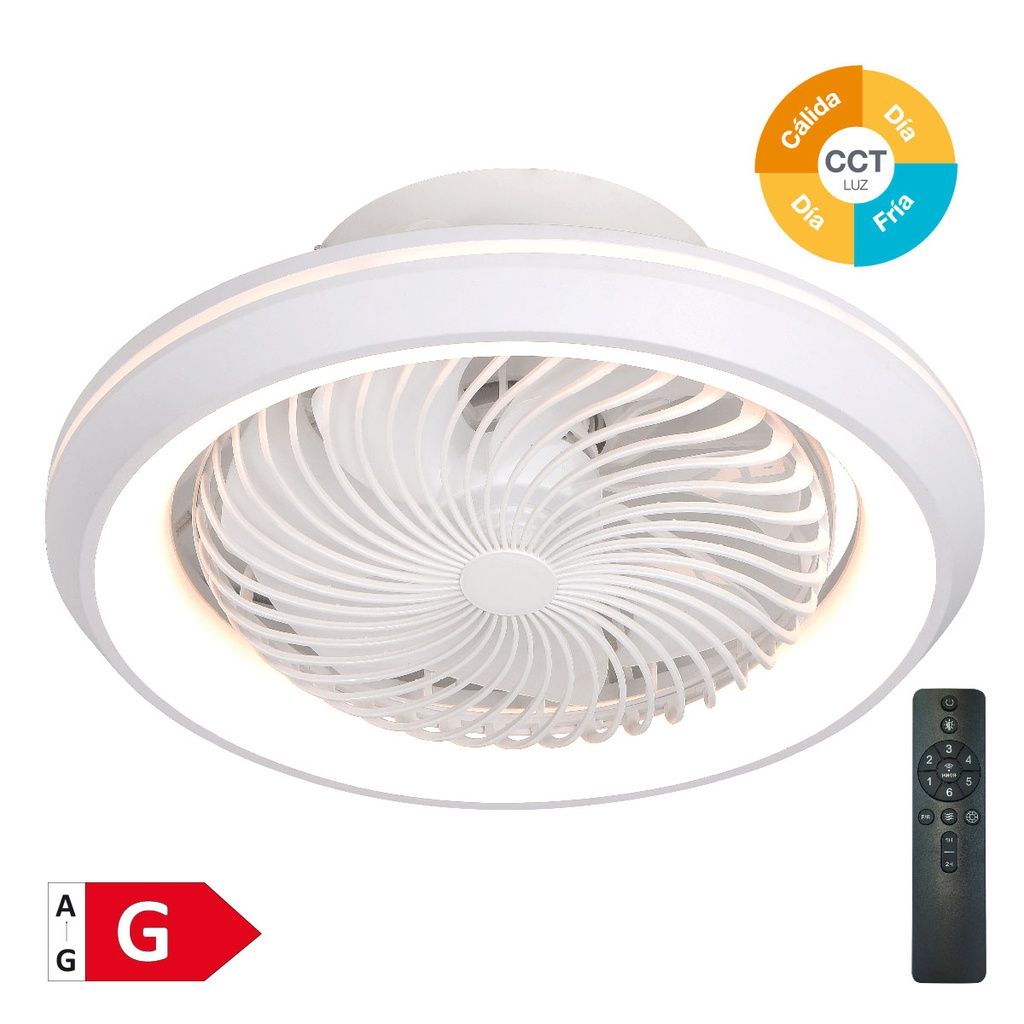 Ventilador de teto rotativo Bhoor com luz CCT regulável e controlo remoto Ø50 7 pás DC Branco