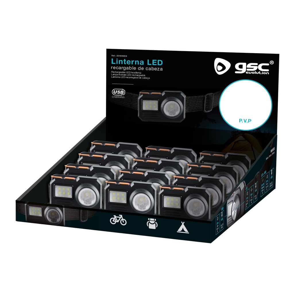 Linterna cabeza LED 1W recargable - 12u caja exp