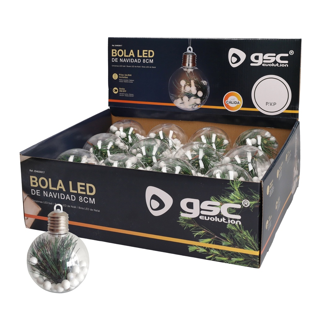 BOLA DE NAVIDAD LED 8CM LR44*3 INCLUIDAS