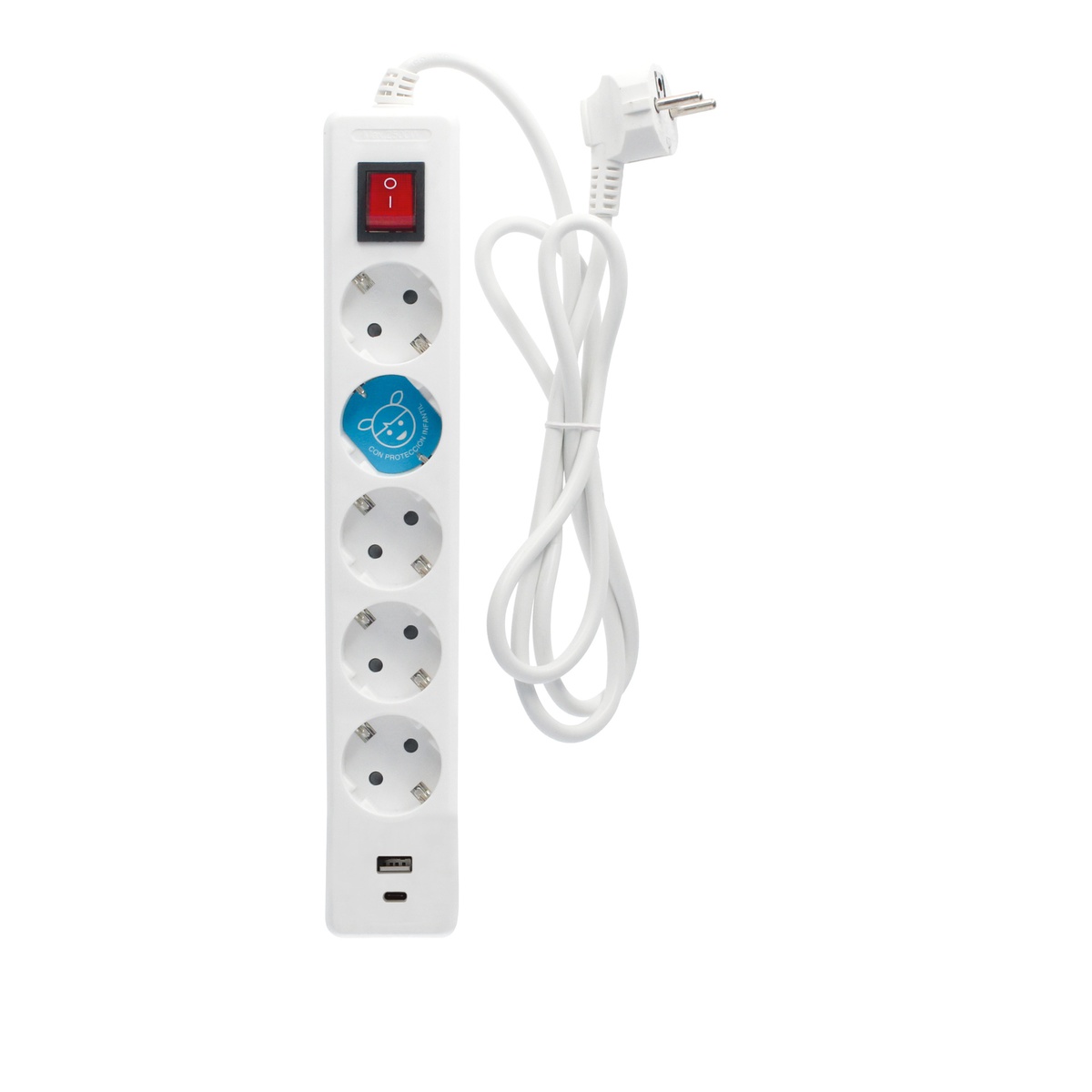 Extensão elétrica 5T + USB C + A com interruptor (3x1.5mm) 1,4M Branco