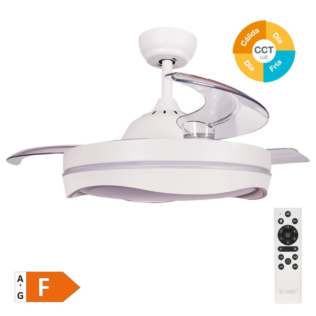 Ventilador techo Nicosia con luz CCT regulable y mando Ø107 3 aspas retráctiles DC Blanco