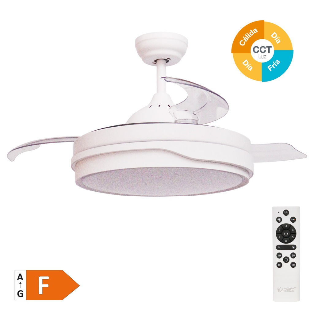 Ventilador techo Lentini con luz CCT regulable y mando Ø107 3 aspas retráctiles DC Blanco