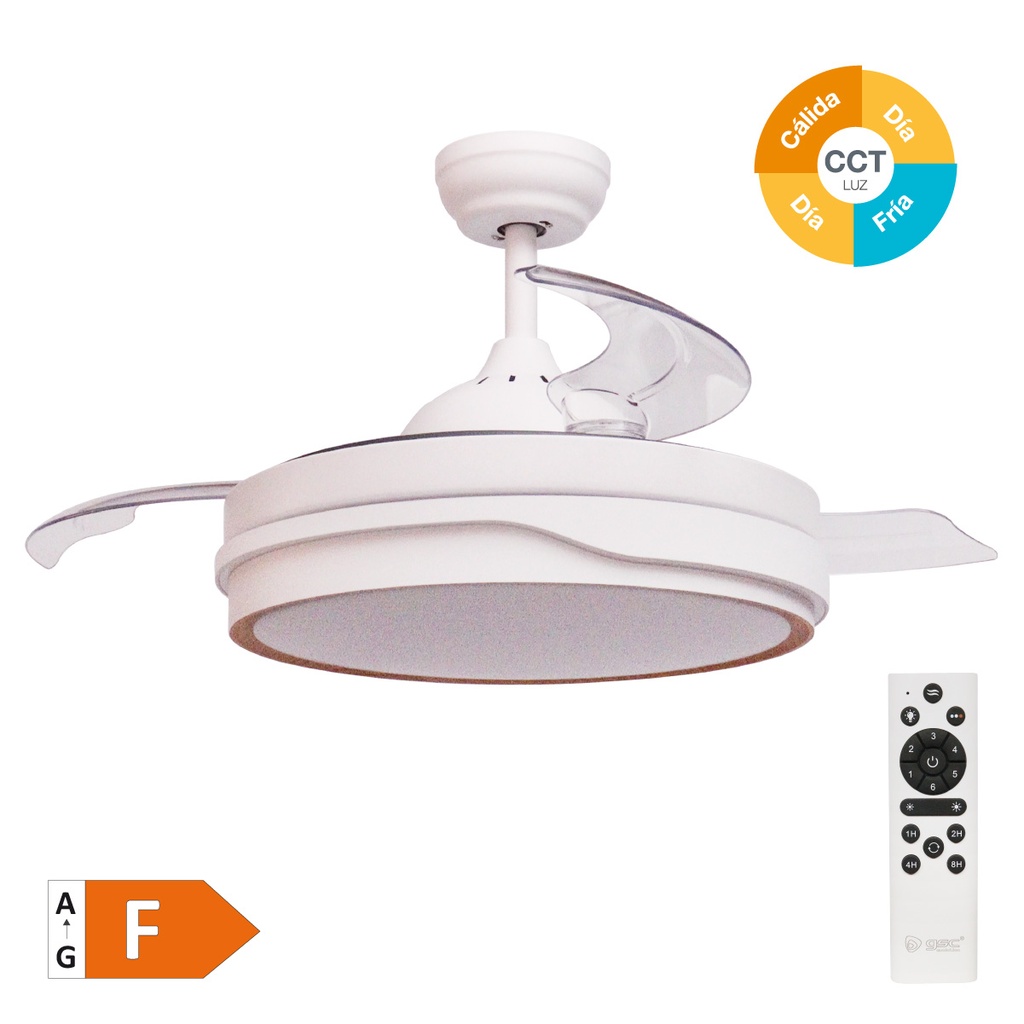 Ventilador de teto Lentini com luz CCT regulável e controlo remoto Ø107 3 pás retráteis DC Branco