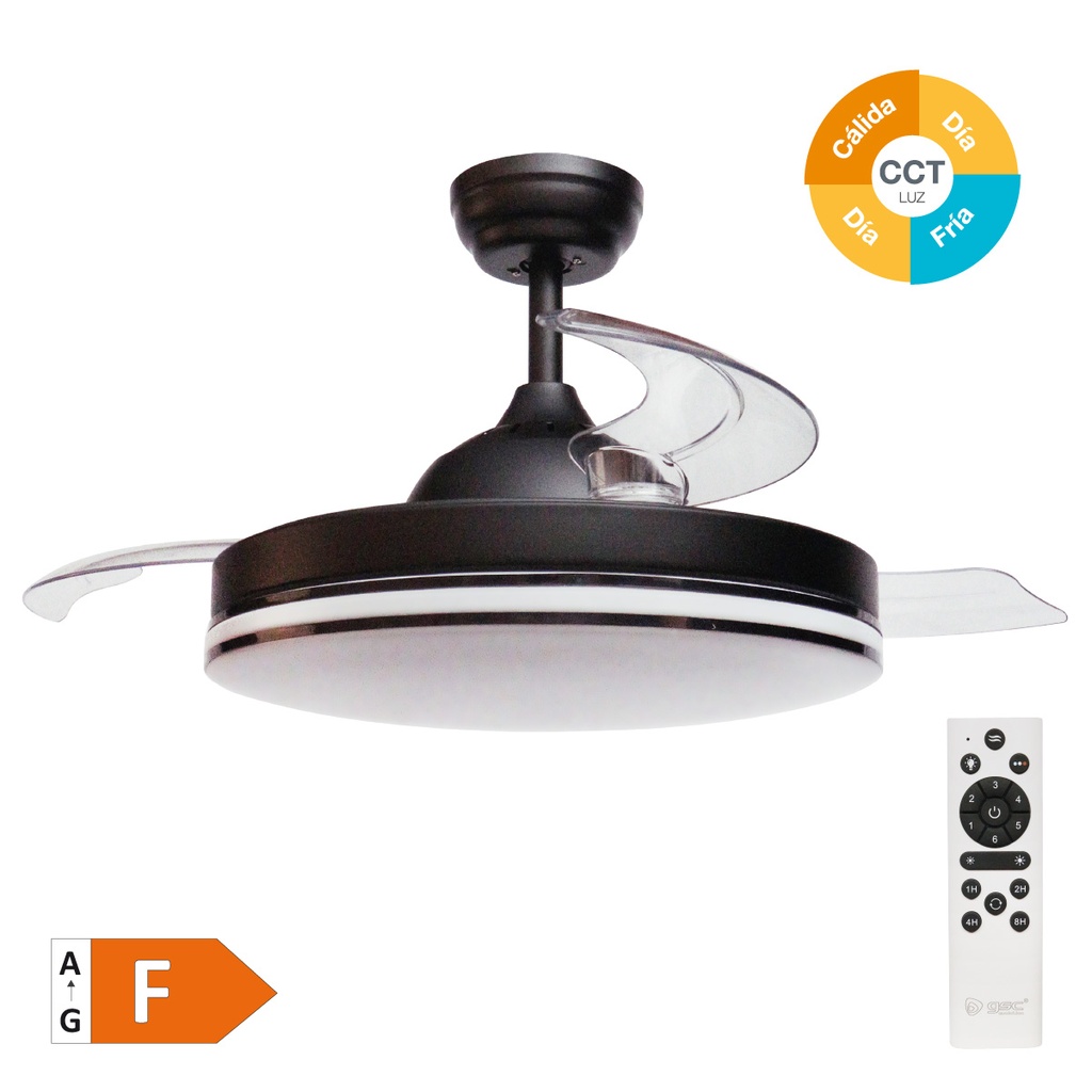 Ventilador techo Oliveri con luz CCT regulable y mando Ø107 3 aspas retráctiles DC Negro