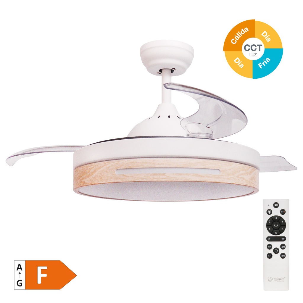 Ventilador techo Buccheri con luz CCT regulable y mando Ø107 3 aspas retráctiles DC Blanco