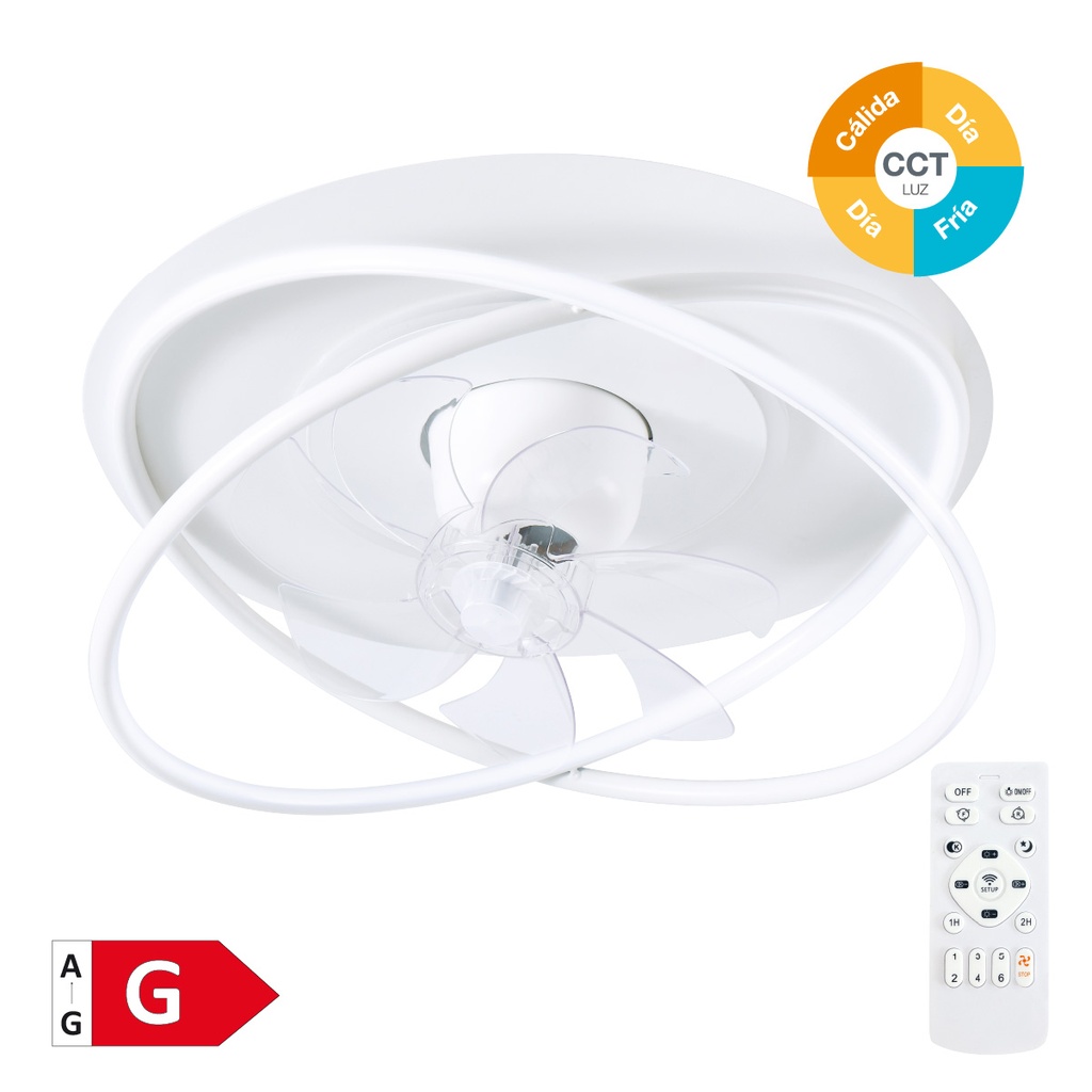 Ventilador techo rotativo Olmeto con luz CCT regulable y mando Ø50 7 aspas DC Blanco