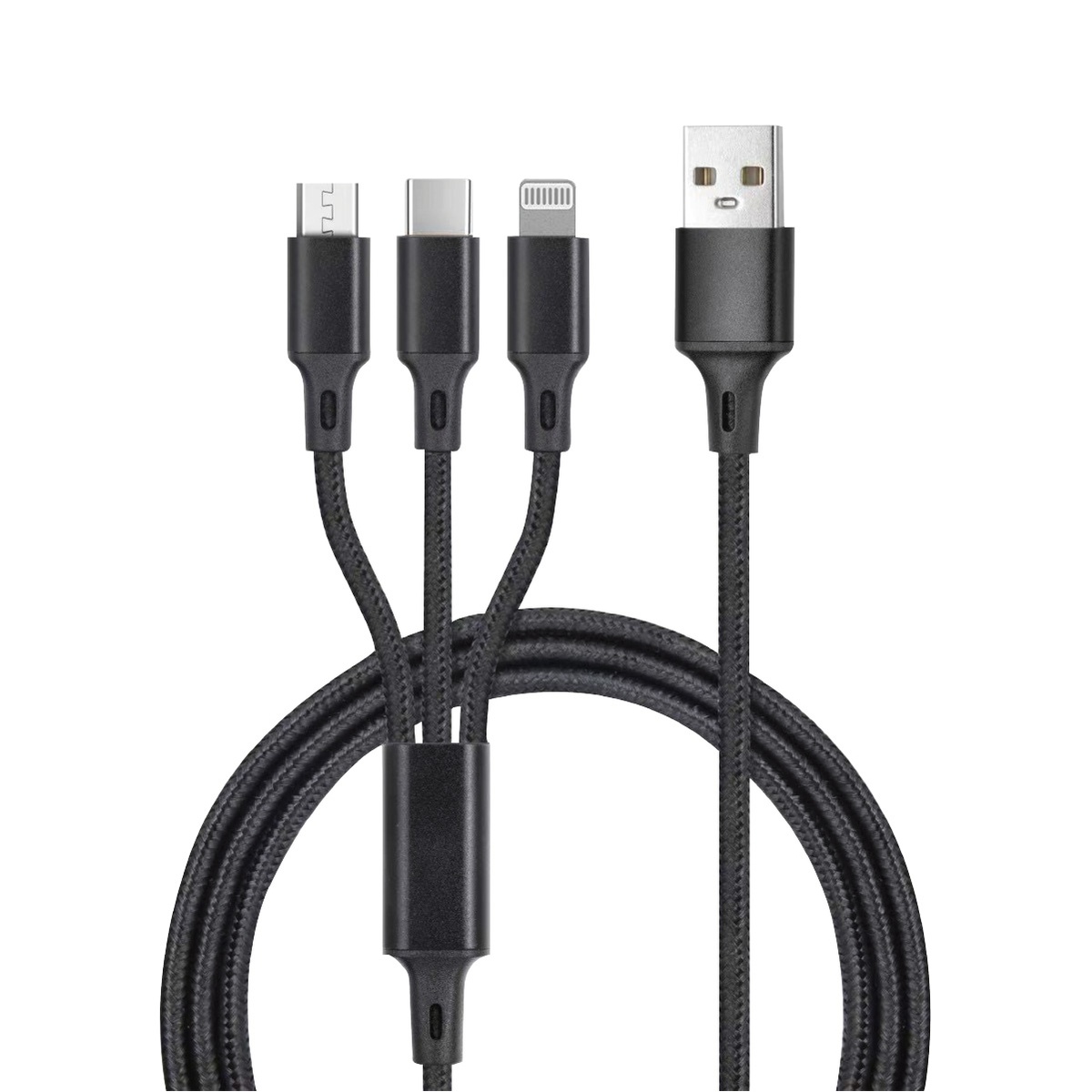 3 in 1 charger cable (USB C, Lightning connector and micro USB) braided nylon 1,2M