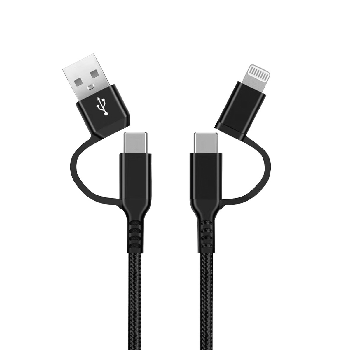 Cabo carregador 4 em 1 (2 USB, conector Lightning e USB) nylon trançado 1,5M