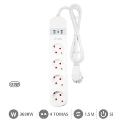 Regleta de 5 Enchufes Schuko y 2 Puertos USB de 2,4A, Interruptor  Encendido/Apagado, Cable de Alimentación Trenzado 1,5 Metros - Color Blanco  Philips 